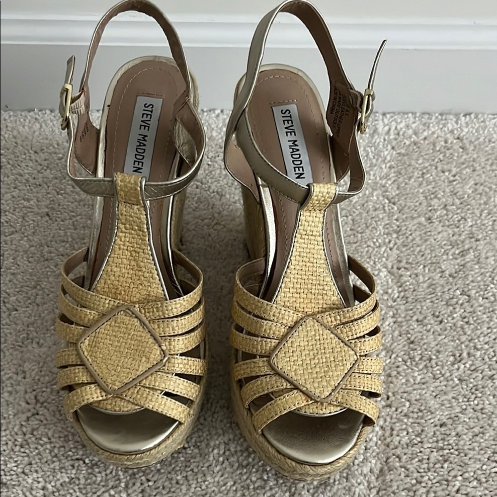 Steve Madden Yellow Woven T-Strap Wedge Sandals